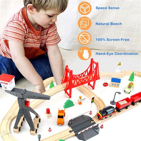 Wood City Wooden Train Set 56 Piece Deluxe Kids Toy Train Set For 2 3