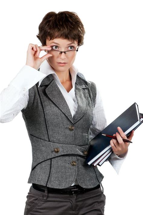 Stern Businesswoman Holding Ruler And Notebook Stock Photo Image Of