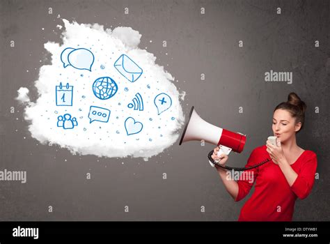 Woman Shouting Into Loudspeaker And Modern Blue Icons And Symbols Come