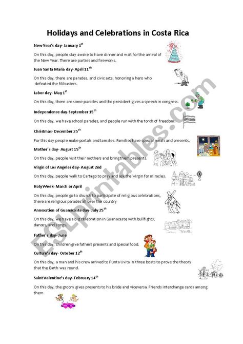 Holidays And Celebrations In Costa Rica Esl Worksheet By Paump