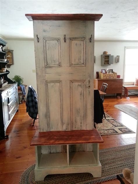 Door Hall Tree Made From An Antique Door And A Custom Bench And Shelf