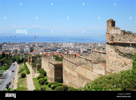 Panoramic View Of Salonika In Greece With Its Byzantine Wall With Mount