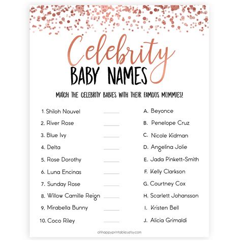 Match The Celebrity Baby Names Rose Gold Printable Baby Shower Games
