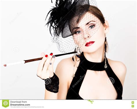 Beauty Retro Female Model With Professional Makeup And Mouthpiece In Hand Stock Photo Image Of