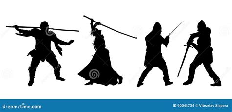 Set Of Silhouettes Of Fighters Men And Women In Armor With A Sword And