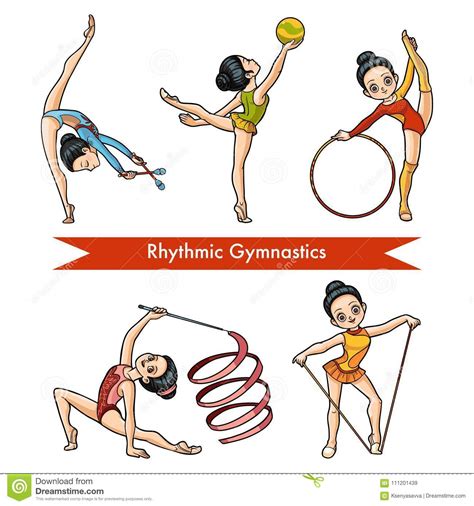 Le Danseur De Corde Et Le Balancier Illustration - Ensemble De Vecteur De Gymnastique Rythmique Fille De Dessin Animé