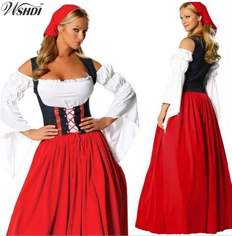 Adult Beer Festival Red Maid Peasant Long Dress German Oktoberfest Wench Costume Carnival Party