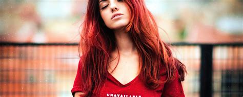 2560x1024 Redhead Girl Tshirt Closed Eyes 4k 2560x1024 Resolution Hd 4k