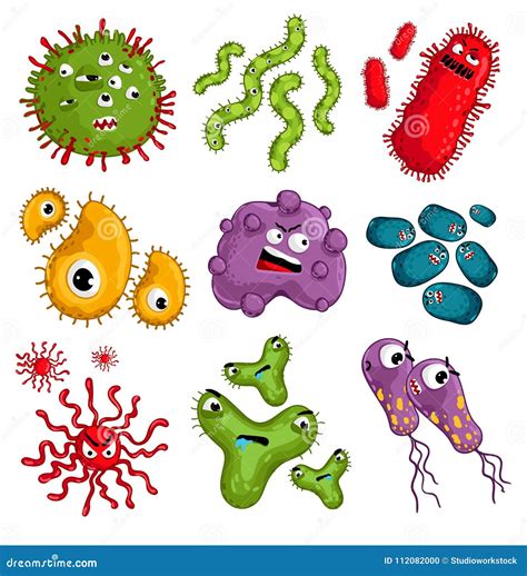 Set Of Bacteria Characters Cartoon Vector Illustration Microbiology