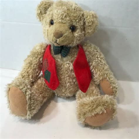 Teddy Bear Plush Beige With Red Vest And Plaid Bow Tie 12 Inches Good