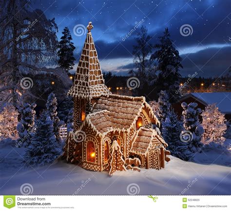 Gingerbread Church On Snowy Christmas Night Landscape