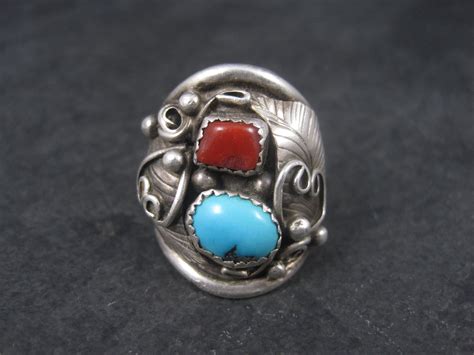 Vintage Navajo Sterling Turquoise Coral Dome Ring Size E