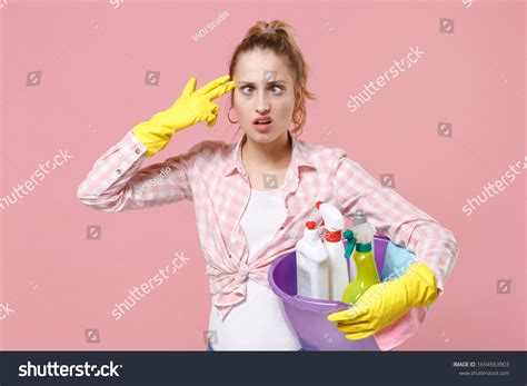 Loony Woman Housewife Gloves Hold Basin Stock Photo 1694563903