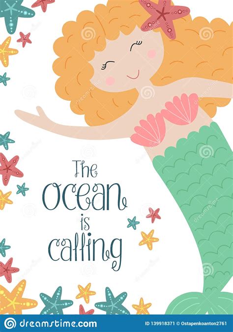 Vector Image Of A Cute Little Mermaid With Red Hair And Starfishes