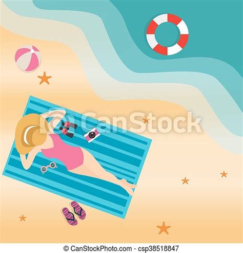 Girl Woman Lying At Beach Sand Sun Tanning Wearing Hat View From Top