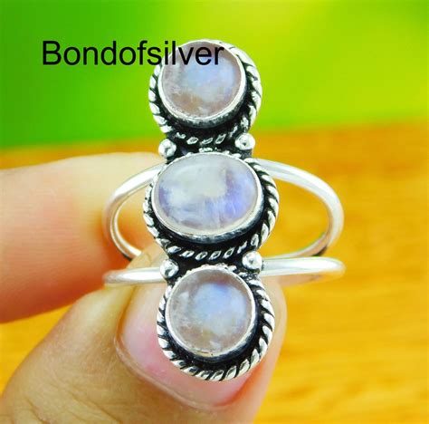 Rainbow Moonstone Ring Sterling Silver Rings For Women Boho Simple