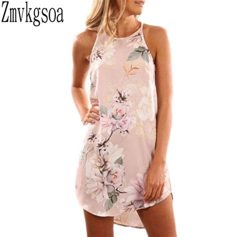 Zmvkgsoa Sexy Short Boho Dress For Women 2017 Summer Floral Print Pink