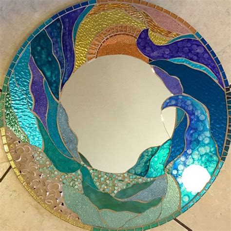 New 24 Mosaic Mirror Stained Glass Round Ocean Theme Titled Rising Tide Mirror Stained