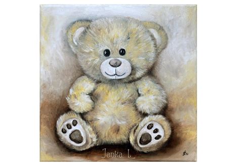 Teddy Bear Original Oil Painting On Canvas Cute Toy Art Nursery Art