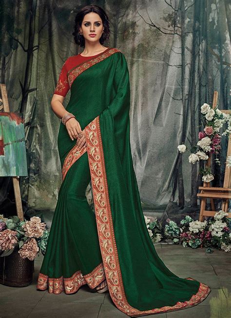 Green And Red Embroidered Silk Saree Saree Designs Fancy Sarees