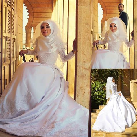 Custom Made 2015 Islamic Wedding Dresses A Line Long Sleeves Arabic Bridal Gowns Hijab Lace