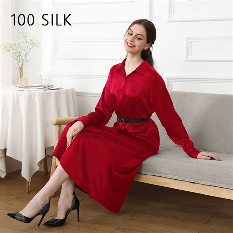 Womens Lapel Collar Silk Dress With Leather Belt
