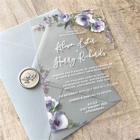 Dusty Blue Acrylic Wedding Invitation Blue And Touch Of Lilac Etsy Uk
