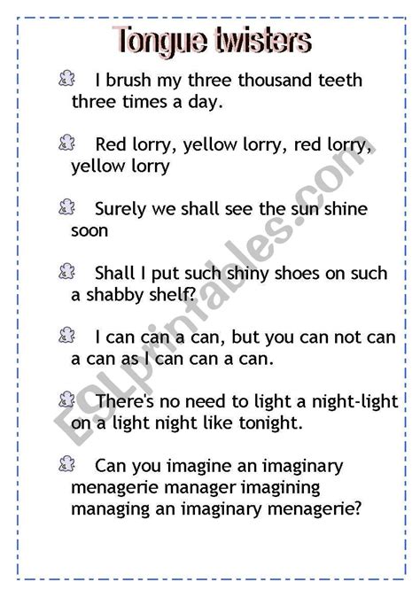 English Worksheets Tongue Twisters