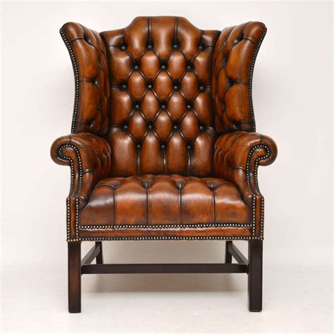 Antique Deep Buttoned Leather Wing Back Armchair Marylebone Antiques