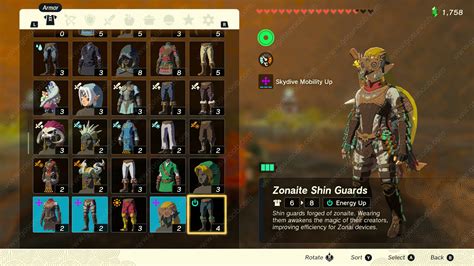Zelda TOTK Zonaite Armor Upgrade Cost Materials Set Bonus