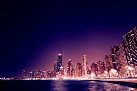 Illuminated Skyscraper City Scene Of Chicago At Night Stock Photo