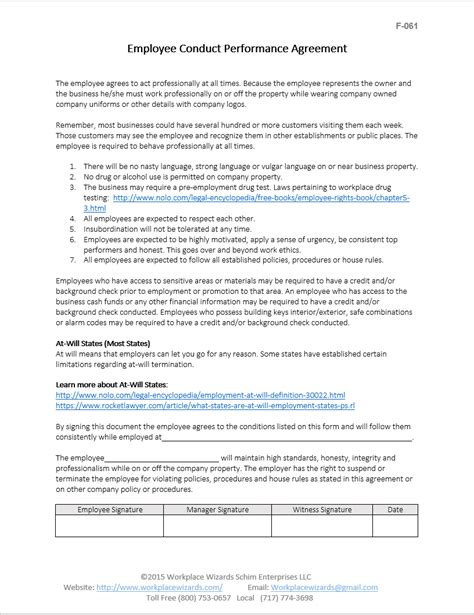 Employee Conduct Performance Agreement Form Workplace Wizards New