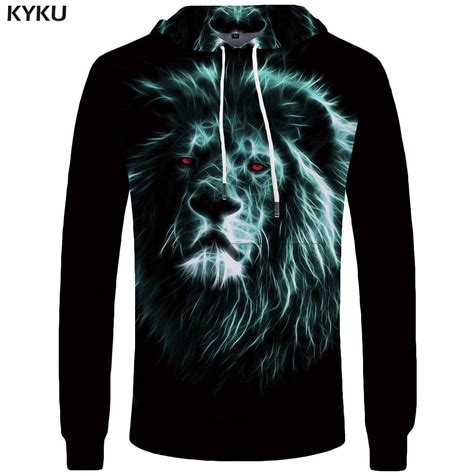Kyku Brand Lion Hoodies Men Animal Sweatshirts Fluorescence Pocket Big