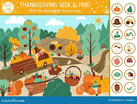 Vector Thanksgiving Searching Game With Cute Animals In The Farm Field