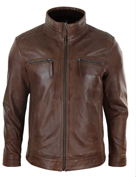 Real Leather Mens High Collar Jacket - Brown | Happy Gentleman