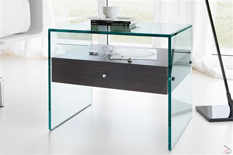 Comodino Moderno Ed Elegante In Vetro Con Cassetto In Legno Secret