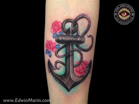 Red rose flowers and anchor tattoo on. Tattoos | The Art and Tattoos of Edwin Marin