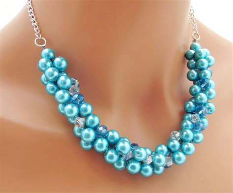 Chunky Blue Pearl Necklace Bridesmaid Statement Necklace Etsy