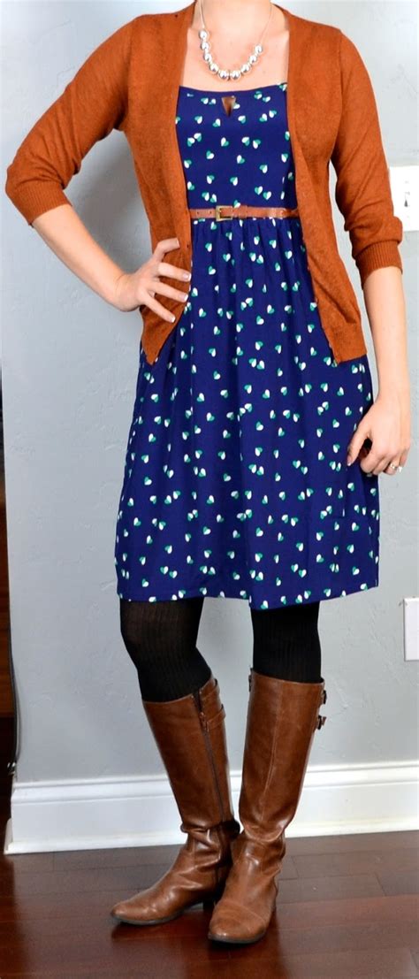 outfit post navy heart dress rust cardigan brown riding boots