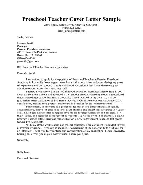 A cover letter for a teaching position should be designed and written to showcase your greatest strengths as an educator. Preschool Teacher Cover Letter Sample Tips Resume Companion | Application letter for teacher ...