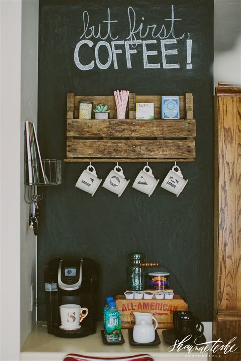 Create A Diy Coffee Bar With Pallet Shelves And A Chalkboard Wall