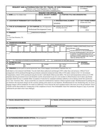 Dd Form 1610 Request And Authorization For Tdy Travel Of Dod Personnel