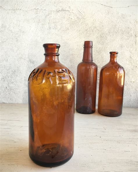Lot Of Three Vintage Amber Glass Bottles Vintage Apothecary Bottles