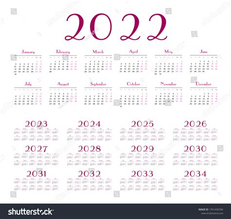 Simple Calendar 2022 2033 On White Stock Vector Royalty Free 1761436784
