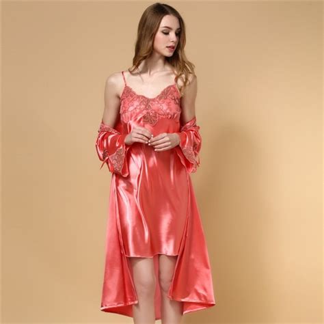 2015 new long nightgown summer style silk sling sexy lace sleepwear women nightwear two piece