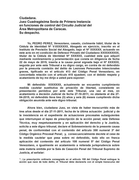 Modelo De Escrito Prescripcion Penal Ciudadana Juez Cuadrag Sima