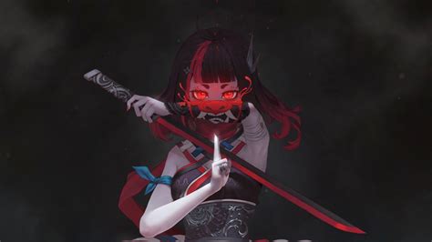 Wallpaper Anime Girls Sword Red Fan Art Devil Ninja Girl 1920x1080 Szusi38 1842641