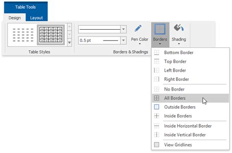 Add And Remove Table Borders DevExpress End User Documentation