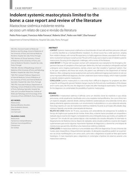 Pdf Case Report Doi Indolent Systemic Mastocytosis Limited To