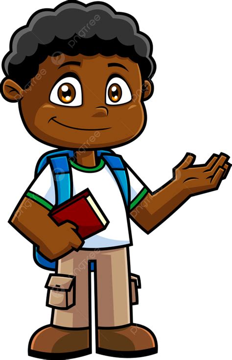 African American School Boy Cartoon Character With Textbooks Speak